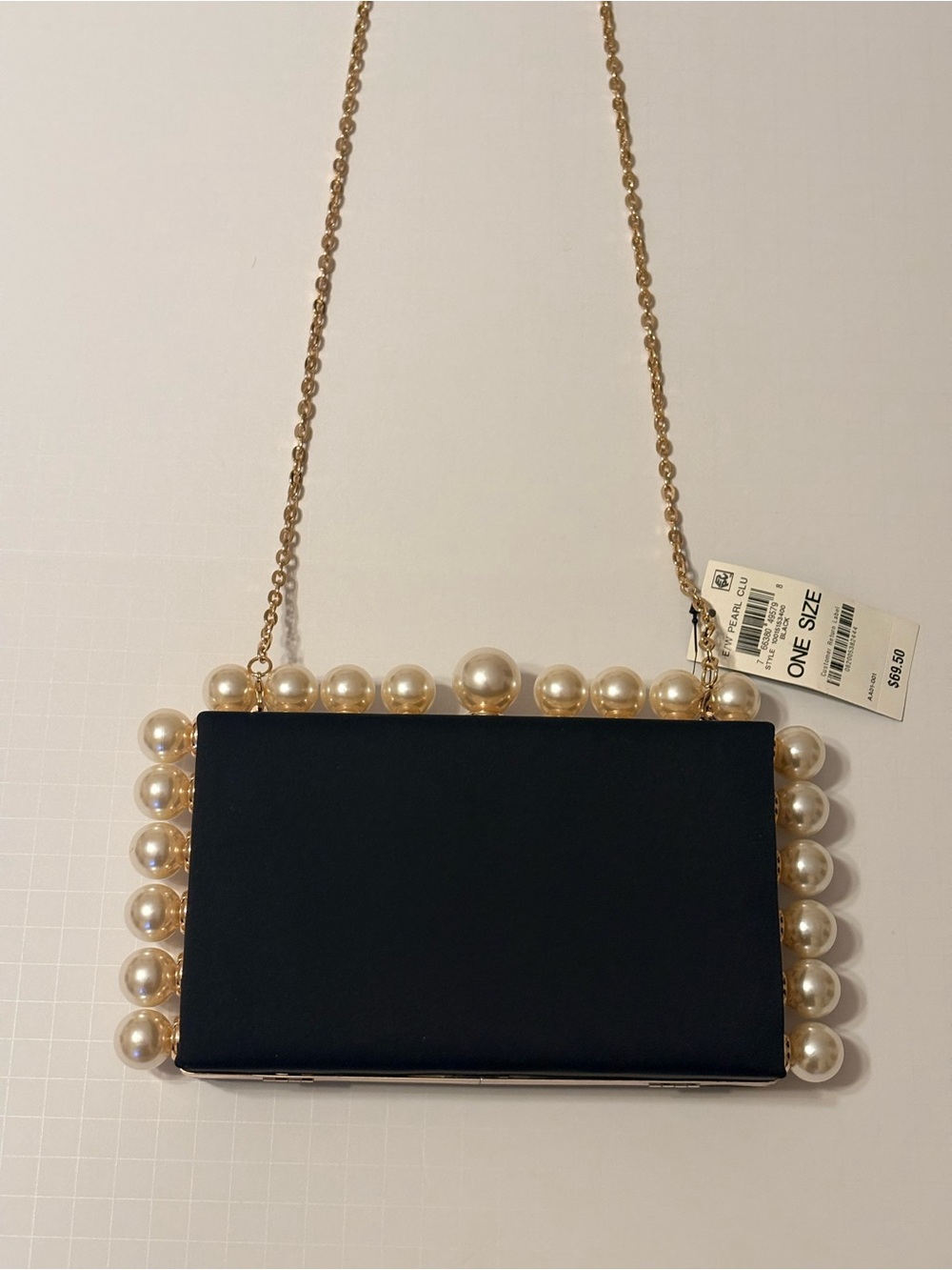 INC International Concepts Black Satin Pearl-Trim Chain Clutch
